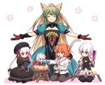  ^_^ animal_ears atalanta_(fate) bandage bandaged_arm blonde_hair braid cat_ears cat_tail character_request child closed_eyes commentary_request dagger fate/grand_order fate_(series) fujimaru_ritsuka_(female) green_eyes green_hair hair_bobbles hair_ornament hat jack_the_ripper_(fate/apocrypha) knife long_hair multicolored_hair navel nm222 nursery_rhyme_(fate/extra) orange_hair outstretched_arms pink_eyes puffy_short_sleeves puffy_sleeves short_hair short_sleeves simple_background smile spread_arms table tail twin_braids two-tone_hair weapon white_background white_hair younger 