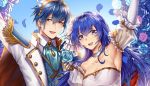  1boy 1girl bare_shoulders blue_eyes blue_hair blush bouquet bridal_veil bride cape dress elbow_gloves fire_emblem fire_emblem:_mystery_of_the_emblem flower formal gloves hair_flower hair_ornament jewelry long_hair looking_at_viewer marth necklace pegasus_knight sheeda short_hair smile solo strapless strapless_dress suit tiara tuxedo veil wanini wedding wedding_dress white_dress 