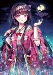  1girl absurdres bat brown_hair clouds earrings fate/grand_order fate_(series) fingernails floral_print fujimaru_ritsuka_(female) full_moon hair_ornament hand_up highres japanese_clothes jewelry kimono long_hair may_(2747513627) meta miyamoto_musashi_(fate/grand_order) moon night night_sky origami osakabe-hime_(fate/grand_order) parted_lips pink_eyes sidelocks sky solo very_long_hair wide_sleeves 