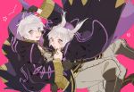  1boy 1girl black_gloves breasts brown_eyes cleavage cloak female_my_unit_(fire_emblem:_kakusei) fire_emblem fire_emblem:_kakusei gloves grey_hair hood hood_down hooded_cloak itou_(very_ito) long_hair long_sleeves male_my_unit_(fire_emblem:_kakusei) my_unit_(fire_emblem:_kakusei) open_mouth short_hair simple_background twintails wide_sleeves 