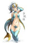  1girl :d borrowed_character breasts commentary_request dragon_girl gills grey_hair hand_up highres hitokuirou horns medium_breasts navel nude open_mouth original pointy_ears ponytail scales sharp_teeth signature simple_background smile solo tail teeth thigh_gap translated wading wet wet_hair white_background 