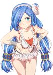  1girl alternate_costume bikini_skirt bikini_top blue_eyes blue_hair blush bracelet breasts cleavage cowboy_shot dana_(ys) flower hair_flower hair_ornament hair_over_one_eye hairband hand_on_own_chest jewelry long_hair looking_at_viewer mdf_an medium_breasts midriff navel open_mouth simple_background solo tattoo white_background ys ys_viii_lacrimosa_of_dana 