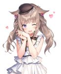  1girl :d animal_ears bangs blunt_bangs brown_hair cat_ears cat_tail choker dress fingernails flat_cap hat heart momoko_(momopoco) nail_polish one_eye_closed open_mouth original simple_background sleeveless smile standing tail twintails violet_eyes white_background 