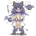  1girl :d afterimage animal animal_hug bare_shoulders blush cerberus collarbone commentary_request curled_horns demon_girl demon_horns demon_tail demon_wings dog dress eyeball fangs flying_sweatdrops fur green_eyes hooves horns looking_at_viewer monster multiple_heads open_mouth original purple_skin purple_wings smile solo standing strapless strapless_dress tail tail_wagging tongue tongue_out translated u-non_(annon&#039;an) white_background white_dress wings 