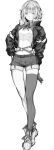  1girl belt breasts denim denim_shorts eyebrows_visible_through_hair fur_collar greyscale hands_on_hips highres midriff monochrome navel original osu5i short_hair shorts single_thighhigh small_breasts solo thigh-highs white_background 