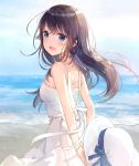  1girl :d arms_behind_back bangs blue_eyes blush breasts brown_hair commentary_request dress fuumi_(radial_engine) hair_between_eyes hat hat_ribbon holding holding_hat long_hair medium_breasts ocean open_mouth original outdoors ribbon smile solo standing straw_hat sundress white_dress 