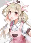  &gt;_&lt; 1girl :d apron bangs blush bunny_hair_ornament center_frills collared_shirt commentary_request eyebrows_visible_through_hair fang frills grey_background hair_between_eyes hair_ornament hand_up hat heart light_brown_hair long_hair natori_sana nurse_cap open_mouth pink_apron puffy_short_sleeves puffy_sleeves red_eyes sana_channel shirt short_sleeves smile solo two-tone_background two_side_up very_long_hair virtual_youtuber white_background white_hat white_shirt yayoichi_(yoruyoru108) 