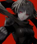  1girl bangs biker_clothes bodysuit clenched_hand closed_mouth commentary_request floating_hair gloves greyscale hand_up lips looking_at_viewer monochrome niijima_makoto no_mask persona persona_5 red_background red_eyes scarf short_hair shoulder_spikes simple_background solo spikes spot_color starry_babe upper_body 