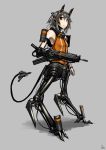  1girl amputee brown_eyes cyborg from_side gia grey_background grey_hair gun headgear headphones highres looking looking_at_viewer mechanical_legs orange_shirt original prosthesis shirt short_hair simple_background sleeveless solo standing tail weapon 