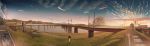  1boy absurdres ambiguous_gender banishment blue_sky bridge clouds commentary_request day grass highres koinobori original outdoors panorama people power_lines railroad_crossing railroad_tracks river road road_sign ruins scenery sign sky standing street summer sunset transmission_tower 