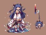  azur_lane backless_outfit black_legwear blue_eyes blue_hair breasts brown_background chibi color_guide commentary_request detached_sleeves full_body hanging heterochromia horns ibuki_(azur_lane) ino_futon katana long_hair looking_at_viewer pixel_art red_eyes sheath sideboob standing standing_on_liquid sword thigh-highs weapon wide_sleeves 