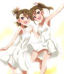  2girls :d bare_shoulders barefoot blush breasts brown_hair cleavage commentary_request dress futami_ami futami_mami hair_ribbon hand_holding idolmaster idolmaster_(classic) interlocked_fingers lieass looking_at_viewer multiple_girls open_mouth outstretched_arm pink_eyes ponytail red_ribbon ribbon short_hair siblings side_ponytail sisters smile twins white_dress 