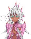  1girl animal_ears borrowed_character breasts character_request closed_mouth commentary_request dark_skin dragon_girl fingernails green_eyes grey_hair hair_intakes head_fins highres hitokuirou looking_at_viewer medium_breasts monster_girl original scales sharp_fingernails simple_background smile solo speech_bubble spoken_blush upper_body white_background 