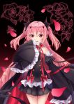  1girl :d bangs black_shirt black_skirt blush bow commentary_request detached_sleeves eyebrows_visible_through_hair fang flower hair_between_eyes hair_ornament hand_up juliet_sleeves krul_tepes long_hair long_sleeves looking_at_viewer open_mouth owari_no_seraph petals pink_hair pleated_skirt puffy_sleeves red_bow red_eyes rl_ka_qui rose shirt skirt sleeves_past_fingers sleeves_past_wrists smile solo thigh_gap two_side_up very_long_hair wide_sleeves 