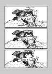  2girls 3koma :3 animal_ears blush_stickers bow bowtie closed_eyes comic common_raccoon_(kemono_friends) elbow_gloves fang fennec_(kemono_friends) fox_ears fur_collar gloves greyscale highres kemono_friends kotobuki_(tiny_life) looking_at_another lying monochrome multiple_girls on_back outdoors pleated_skirt puffy_short_sleeves puffy_sleeves raccoon_ears raccoon_tail short_hair short_sleeves silent_comic skirt sleeping smile tail tongue tongue_out translation_request vest zzz 
