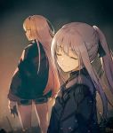  2girls ak-12_(girls_frontline) an-94_(girls_frontline) bangs blonde_hair blue_eyes braid breasts closed_mouth eyebrows_visible_through_hair french_braid from_side girls_frontline gloves hairband jacket light_particles long_hair long_sleeves looking_at_viewer looking_to_the_side medium_breasts multiple_girls nagu ribbon short_shorts shorts sidelocks silver_hair smile thighs very_long_hair 