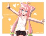  1girl ahoge animal_ears armpits arms_up bike_shorts cat_ears character_name choker hair_bobbles hair_ornament highres hinata_channel long_hair low_twintails nekomiya_hinata open_mouth outstretched_arms pink_hair shimodzuki_no_lapis shorts smile solo twintails upper_body vest virtual_youtuber watch watch white_vest 