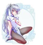  1girl blue_eyes chinese_clothes full_body iesupa long_hair pantyhose ponytail rwby scar scar_across_eye side_ponytail solo weiss_schnee white_hair 