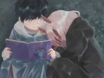  1boy 1girl bandage black_cloak black_hair blue_eyes book cloak closed_eyes commentary_request couple darling_in_the_franxx hetero hiro_(darling_in_the_franxx) holding holding_book hood hooded_cloak horns long_hair looking_at_viewer oni_horns open_book parka pink_hair red_horns red_skin short_hair sleeping sleeping_on_person spoilers user_zmkc4443 younger zero_two_(darling_in_the_franxx) 