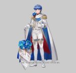  1boy 1girl armor blue_eyes blue_hair cape fire_emblem fire_emblem_heroes formal gloves looking_at_viewer male_focus marth mayo_(becky2006) necktie official_art short_hair simple_background smile solo tuxedo white_background 