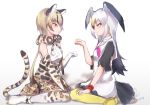  2girls bare_shoulders belt bird_tail bird_wings black-tailed_gull_(kemono_friends) black_hair blonde_hair boots bow bowtie brown_hair commentary_request dress elbow_gloves eyebrows_visible_through_hair facing_another gloves head_wings kemono_friends long_hair looking_at_another multicolored_hair multiple_girls neckerchief ocelot_(kemono_friends) ocelot_ears ocelot_print ocelot_tail pantyhose paw_pose sailor_collar scarf shoes short_hair short_sleeves signature sitting skirt smile tatsuno_newo thigh-highs vest wariza white_hair wings 