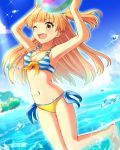  1girl arms_up artist_name ball barefoot beach beachball bikini blonde_hair blue_sky day dutch_angle front-tie_top groin idolmaster idolmaster_cinderella_girls jewelry jougasaki_rika long_hair mismatched_bikini muraiaria navel necklace outdoors side-tie_bikini sky solo star striped_bikini_top swimsuit teeth two_side_up water yellow_bikini_bottom yellow_eyes 