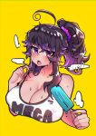  1girl absurdres ahoge bare_shoulders breasts breath chromatic_aberration cleavage commentary covered_nipples english_commentary food hair_ornament hair_scrunchie hand_up highres huge_breasts looking_at_viewer mega_milk nyarla_(osiimi) original osiimi ponytail popsicle purple_hair scrunchie simple_background solo summer sweat tongue tongue_out violet_eyes yellow_background 