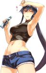  1girl abo_(hechouchou) black_hair black_tank_top blush bottle breasts clenched_teeth denim denim_shorts from_below hair_between_eyes highres holding holding_bottle kantai_collection lips long_hair medium_breasts navel one_eye_closed ponytail ramune short_shorts shorts sideboob sidelocks simple_background solo standing tank_top teeth upper_body very_long_hair white_background wiping_forehead yahagi_(kantai_collection) 