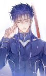  1boy armor blue_bodysuit blue_hair bodysuit closed_eyes cu_chulainn_(fate)_(all) earrings fate/stay_night fate_(series) gae_bolg hair_between_eyes jewelry lancer male_focus muscle parted_lips pauldrons polearm shoulder_armor solo spear upper_body weapon wet zelovel 