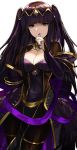  biting black_dress black_feathers black_hair bodystocking bow breasts cleavage dress finger_biting fire_emblem fire_emblem:_kakusei fire_emblem_heroes hair_ornament highres jewelry looking_at_viewer ormille purple_bow tharja violet_eyes 