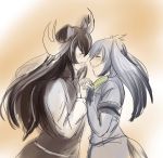  2girls ^_^ animal_ears antlers bird_tail black_gloves black_hair blonde_hair blush brown_hair closed_eyes couple face-to-face fingerless_gloves from_side fur_collar gloves grey_hair grey_shirt grin hand_holding hand_up happy highres interlocked_fingers jietou kemono_friends long_hair long_sleeves low_ponytail moose_(kemono_friends) moose_ears multicolored_hair multiple_girls open_mouth shirt shoebill_(kemono_friends) short_over_long_sleeves short_sleeves side_ponytail sketch smile sweater tail upper_body yuri 