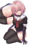  1girl alternate_costume ass bangs black_gloves black_legwear black_serafuku blush breasts commentary_request elbow_gloves fate/grand_order fate_(series) gloves hair_over_one_eye highres kanikou leotard leotard_under_clothes looking_at_viewer mash_kyrielight medium_breasts open_mouth pantyhose pantyhose_pull pink_hair school_uniform serafuku simple_background solo violet_eyes white_background 