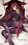  1girl absurdres bodysuit breasts copyright_name fate/grand_order fate_(series) gae_bolg highres holding holding_weapon large_breasts long_hair lying no_shoes on_side polearm purple_bodysuit purple_hair red_eyes scathach_(fate/grand_order) solo spear very_long_hair weapon xtears_kitsune 
