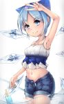  1girl absurdres alternate_costume arm_above_head armpits bare_shoulders blue_eyes blue_hair blue_ribbon cirno contemporary crop_top food hair_ribbon highres hiyashi_mikan ice ice_wings midriff navel panties panty_peek partially_submerged popsicle ribbon short_hair short_shorts shorts smile solo striped striped_panties touhou unbuttoned underwear unzipped v water white_background wings 