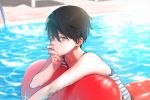  1boy black_hair blue_eyes child free! hana_bell_forest inflatable_toy looking_at_viewer male_focus nanase_haruka_(free!) pool solo tank_top water younger 