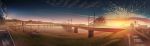  banishment bridge clouds commentary_request day grass highres no_humans original outdoors panorama power_lines railroad_crossing railroad_tracks river road road_sign ruins scenery sign sky street sunset transmission_tower 