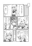  absurdres ahoge comic crossed_arms flower hair_flower hair_ornament hair_ribbon highres i-168_(kantai_collection) i-19_(kantai_collection) i-401_(kantai_collection) i-58_(kantai_collection) kantai_collection monochrome okitsugu open_mouth pushing_away ribbon ro-500_(kantai_collection) sailor_collar school_swimsuit smile swimsuit tan translation_request twintails 