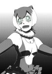  1girl animal_ears bangs breasts cleavage commentary covered_navel crazy_eyes crazy_smile dress elbow_gloves fur_collar gloves green_eyes greyscale halftone highres kaya_(nari1-24) kemono_friends layered_dress looking_to_the_side medium_breasts monochrome open_mouth otter_ears short_hair sleeveless sleeveless_dress small-clawed_otter_(kemono_friends) solo spot_color upper_body 