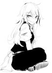  1girl character_request closed_mouth commentary dress eyebrows_visible_through_hair from_side greyscale highres indian_style long_hair monochrome ne_kuro shoes short_sleeves simple_background sitting smile solo touhou white_background 