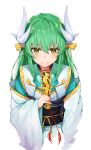  1girl black_cola detached_sleeves fan fate/grand_order fate_(series) green_eyes green_hair highres holding holding_fan horns japanese_clothes kimono kiyohime_(fate/grand_order) long_hair long_sleeves looking_at_viewer simple_background solo white_background 
