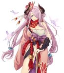  1girl bare_shoulders draph flower granblue_fantasy hair_flower hair_ornament hair_over_one_eye horns japanese_clothes k52 kimono lavendar_hair narmaya_(granblue_fantasy) sarashi twintails 