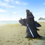  1boy beach black_cloak blue_sky cloak day fate/grand_order fate_(series) from_side holding holding_sword holding_weapon hood hooded_cloak horns king_hassan_(fate/grand_order) male_focus ocean outdoors sand sky solo spikes surfboard sword tomoyohi weapon 