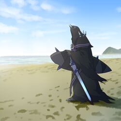  1boy beach black_cloak blue_sky cloak day fate/grand_order fate_(series) from_side holding holding_sword holding_weapon hood hooded_cloak horns king_hassan_(fate/grand_order) male_focus ocean outdoors sand sky solo spikes surfboard sword tomoyohi weapon 