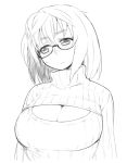  1girl breasts cleavage glasses greyscale large_breasts looking_away medium_hair meme_attire monochrome moru_(monaka) open-chest_sweater original ribbed_sweater simple_background solo sweatdrop sweater thick_eyebrows turtleneck turtleneck_sweater upper_body white_background 