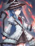  1girl blue_eyes blue_hair eyebrows_visible_through_hair hat holding holding_staff long_hair looking_at_viewer mages. mole mole_under_eye necktie neptune_(series) solo staff suterisu witch_hat 