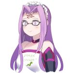 1girl :&gt; apron bangs black-framed_eyewear blush closed_mouth clothes_writing detached_collar elbow_gloves facial_mark fate/grand_order fate/hollow_ataraxia fate_(series) forehead_mark glasses gloves gorgon headdress idk-kun long_hair no_nose parted_bangs purple_hair rider simple_background smile solo upper_body violet_eyes white_apron white_background 