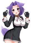  1girl animal_ears black_gloves blush breasts collar dog_ears dog_tail eyebrows_visible_through_hair fang frozenpile gloves highres kantai_collection large_breasts long_sleeves looking_at_viewer mole mole_under_eye open_mouth purple_hair smile solo tail tatsuta_(kantai_collection) violet_eyes 
