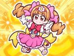  &gt;:) 1girl aisaki_emiru aura bangs blunt_bangs blush_stickers bow bowtie brown_hair chibi closed_mouth commentary_request elbow_pads floral_background flower frilled_skirt frills full_body gloves guardias hair_bow hair_flower hair_ornament hairband hugtto!_precure jumping knee_pads long_hair magical_girl pose precure puffy_short_sleeves puffy_sleeves red_bow red_eyes shirt shoes short_sleeves skirt smile solo twintails v-shaped_eyebrows white_shirt 