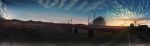  banishment blue_sky bridge clouds commentary_request day grass highres no_humans original outdoors panorama power_lines railroad_crossing railroad_tracks river road road_sign ruins scenery sign sky street sunset transmission_tower 