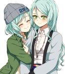  2girls ^_^ akasata aqua_hair arm_hug bang_dream! beanie blue_jacket blush bow closed_eyes collared_shirt green_eyes green_jacket grey_hat hair_between_eyes hair_bow hat headwear_writing hikawa_hina hikawa_sayo jacket jewelry long_hair long_sleeves multiple_girls pendant shirt short_hair siblings side_braids simple_background sisters smile twins upper_body white_background white_shirt yellow_bow 